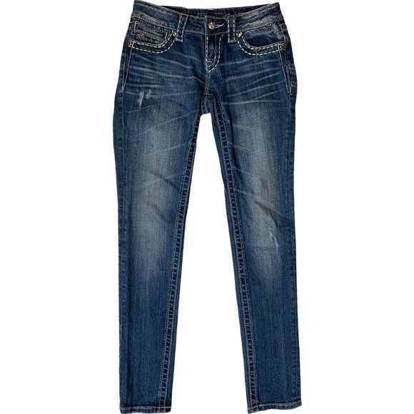 Miss Me 'Skinny' Womens Jeans Tag 25 Blue W26xL32 Distressed Embroidered Denim - Picture 4 of 12